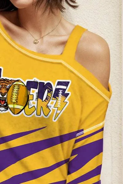 Graphic Asymmetrical Neck Long Sleeve T-Shirt Women's T-Shirts - Tophatter Daily Deals